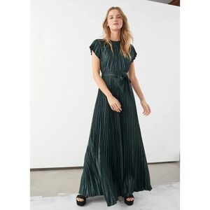 & Other Stories Womens Green Shimmer Pleated Maxi Dress Size 4 Holiday NEW